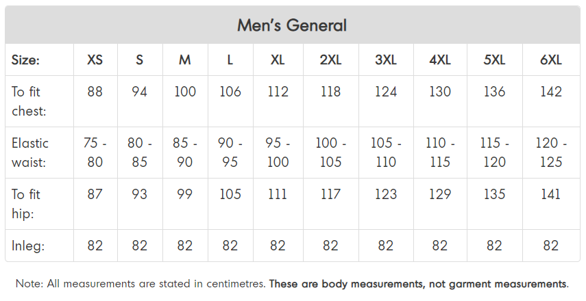 Clothing size chart