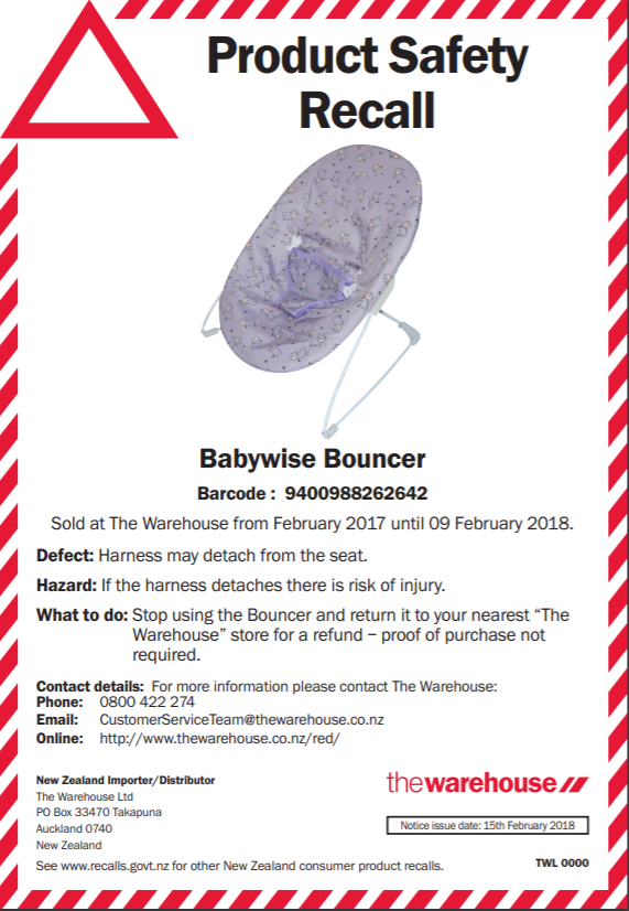 Product recall Babywise Bouncer